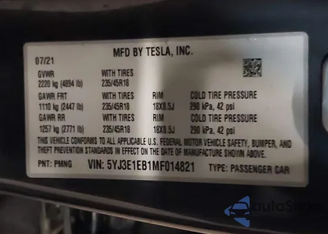 2021 Tesla Model 3 Long Range Dual Motor All-Wheel Drive z USA, uszkodzony, nr VIN 5YJ3E1EB1MF014821